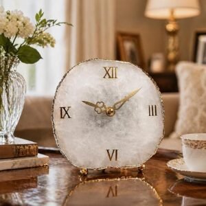 eshoppee Natural Agate Quartz Stone Table Clock with Electroplating on Border with metal golden stand ,10 to 12 cm