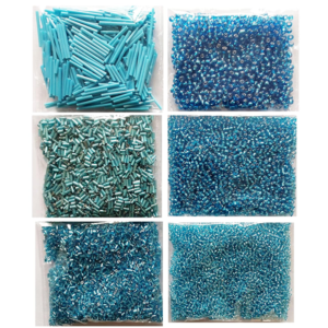 COMPLETE BLUE TONED COLLECTION: This versatile set includes six individual packs of glass beads in various shades of blue and teal, offering a curated selection for cohesive jewelry and craft designs. MULTIPLE SHAPES & SIZES: Features a diverse mix of bead styles, including long glass bugle pipes, short cut pipe beads, and classic round seed beads to add texture and dimension to your work. PREMIUM FINISH VARIETY: Includes a professional range of finishes such as opaque sky blue, shimmering silver-lined transparent blue, and metallic teal to suit different aesthetic needs. EXCELLENT FOR DETAILED CRAFTING: Ideal for intricate embroidery, beadweaving, fringe making, and DIY jewelry projects like necklaces, bracelets, and anklets.